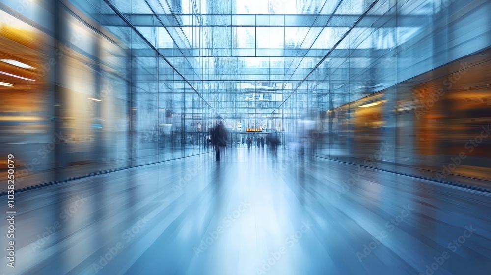 Poster blurry wideangle view of modern minimalist office space captured with a zoom blur effect creating a 