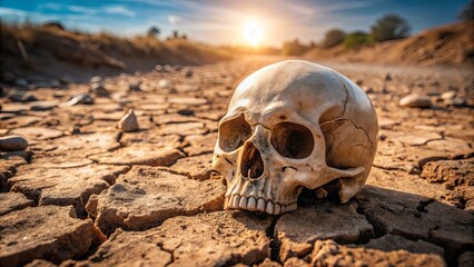 A human skull rests on parched, cracked earth beneath a vibrant sky, a silent testament to the fragility of life and the enduring power of nature.