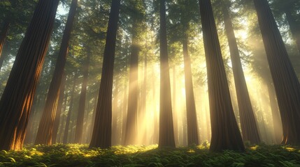 Majestic forest with sunlight filtering through tall trees, creating a serene atmosphere.