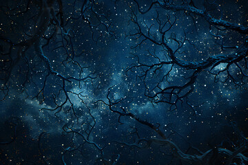 Naklejka premium night sky with stars and galaxies, many tree branches, braincell pattern in the background