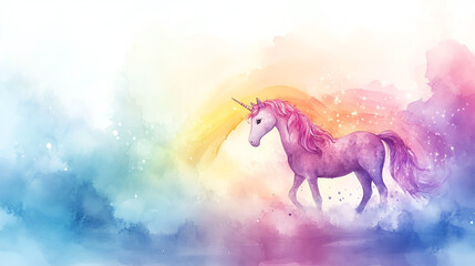 Fototapeta premium Aquarelle Illustration of a Unicorn and Rainbow, Whimsical Fantasy Art, Perfect for Kids and Fairytale-Themed Designs