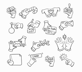 Set of Christmas hands icons, sending letter, giving gifts, decorating Christmas tree etc in line style.