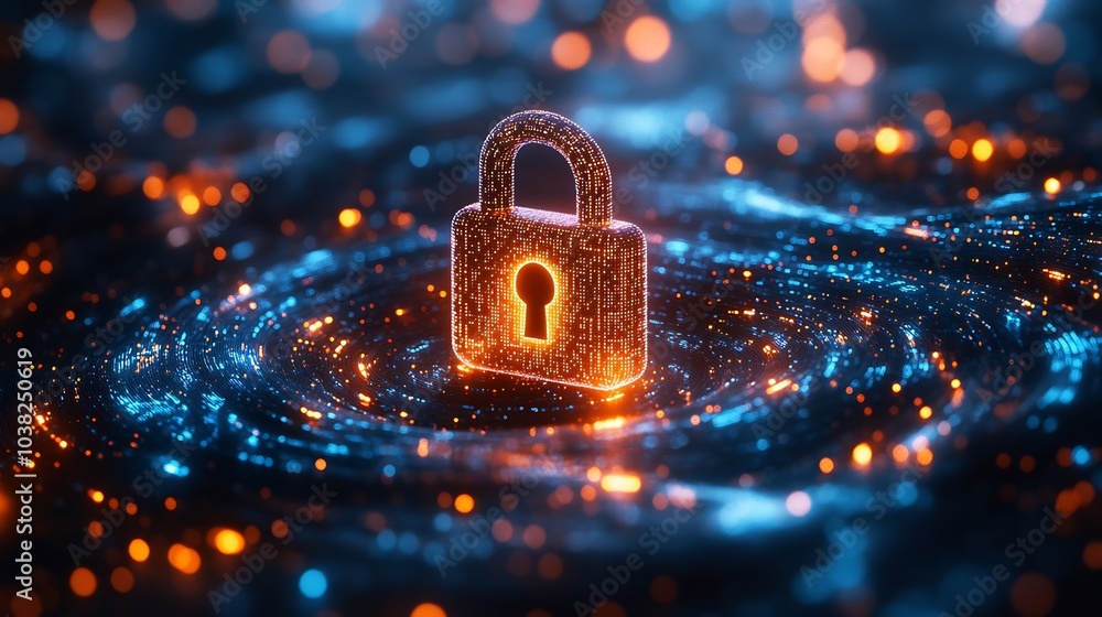 Fototapete cyber securitythemed image featuring a floating digital padlock on a glowing blue background surroun