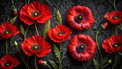 Obraz premium Stunning Candid Photography of Poppies on Black Background, Red Neon Floral Wallpaper, Horizontal Arrangement for Vibrant Home Decor and Artistic Displays