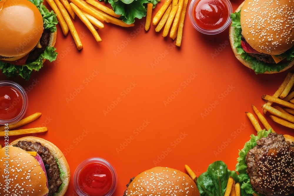Poster burgers and fries are creatively arranged around an orange backdrop, leaving space for engaging text