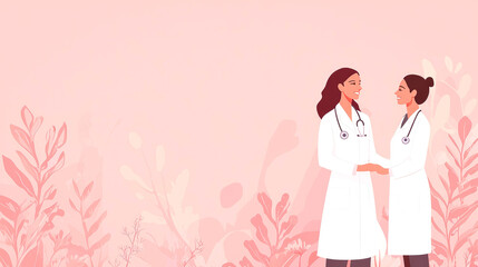 Two female doctors smiling at each other, standing in front of a pink floral background.