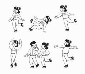 Set of icons of a boy and a girl ice skating, performing figure skating elements, falling, etc.