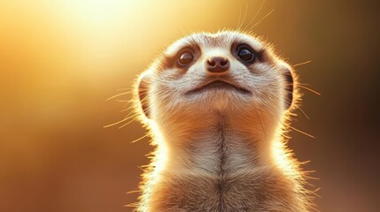 Fototapeta premium Meerkat gazing upwards, bathed in soft golden light, nature portrait.