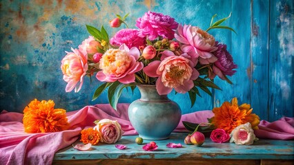 A vibrant bouquet of pink peonies in a blue vase with a touch of orange blooms against a weathered blue backdrop