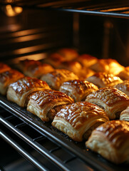 Golden brown pastries baking in an oven.