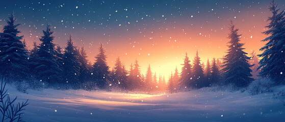 Fototapeta premium Tranquil Winter Evening in Nature: A Colorful Sunset Behind Snow-Dusted Trees and Frosty Terrain