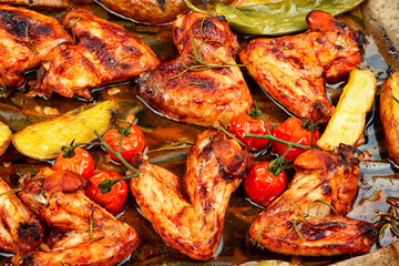 Fried chicken wings with potatoes.