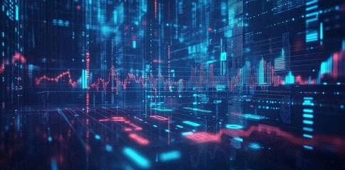 Obraz premium Abstract Digital Cityscape with Glowing Blue and Red Lines and Data