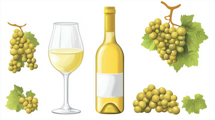 illustration, bottle of white wine with wine glass and grapes, isolated on white background, design element for restaurant menu. Design element for wine bar, restaurant, menu. Alcoholic beverage.