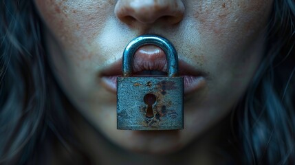 A woman with intense eyes holds a rusty padlock in front of her mouth, evoking themes of silence, restriction, and powerful emotions in this striking visual