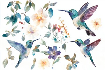 Set collection of watercolor paradise hummingbird flying design resources elements