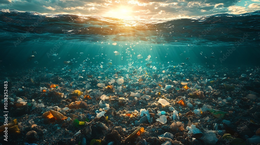 Poster deep underwater view of floating plastic pollution and microplastics disrupting the natural marine e