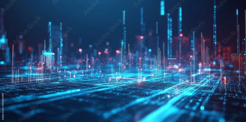 Poster abstract digital cityscape with glowing lines and data patterns