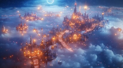 A floating city above a sea of clouds connected by luminous paths and stairways