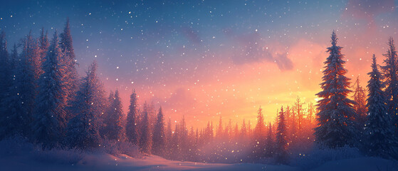 Enchanting Winter Scene Featuring Majestic Trees Illuminated by a Stunning Colorful Twilight