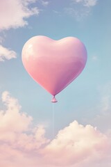 Fototapeta premium A pink heart-shaped balloon floats serenely against a bright sky dotted with fluffy white clouds, evoking feelings of love and joy