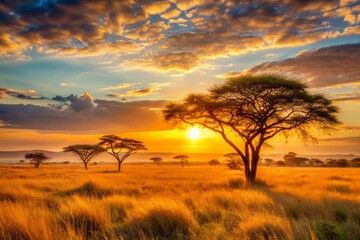 Fototapeta premium Sunrise in the African Savanna - Scenic Landscape of South Africa with Majestic Wildlife and Vibrant Skies - Perfect for Nature Lovers and Travel Enthusiasts