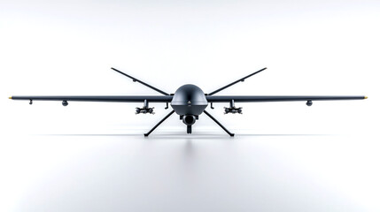 A black drone with four propellers and weapons attached to its sides is facing the camera.