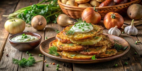 Fototapeta premium A Stack of Crispy Fried Vegetable Fritters, Garnished with Fresh Herbs, Served with a Side of Creamy Dip, on a Rustic Wooden Table
