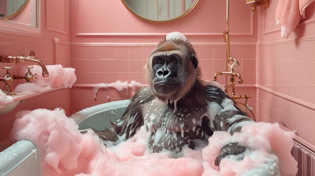 A gorilla relaxes in a pink bathtub filled with bubbles, surrounded by elegant decor and warm lighting, showcasing a playful yet serene moment