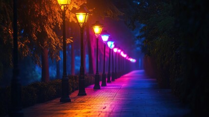 A row of streetlights illuminating a vibrant city path at night, casting beautiful, colorful glows that create a mesmerizing atmosphere