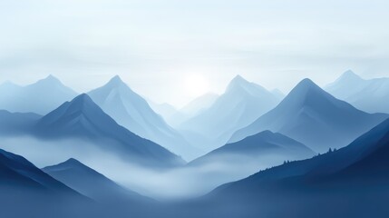 A serene misty mountain landscape at dawn, with soft morning light gently illuminating the peaks, creating a peaceful, ethereal atmosphere