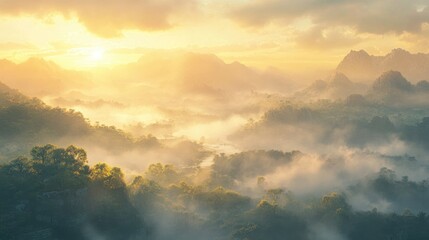 Fototapeta premium A serene view of mist-covered mountains at sunrise, with gentle morning light breaking through the fog, creating a calm and untouched landscape