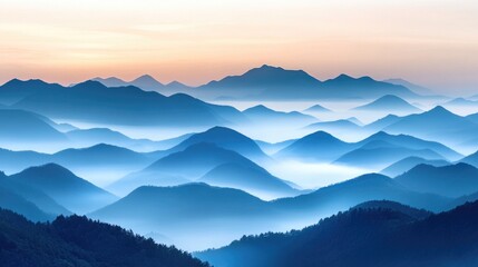 A serene view of mountains covered in mist, with soft light breaking through at sunrise, symbolizing the tranquility of untouched nature