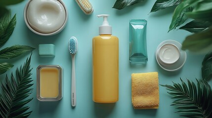 Dental hygiene display with essential tools like a toothbrush floss and mouth rinse on a soft light background designed to highlight the importance of daily oral care with space for health tips