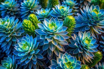 Surreal Myrtle Spurge Dreamscape: Euphorbia myrsinites in Ethereal Landscapes and Glowing Shades of Blue and Green for Nature Photography