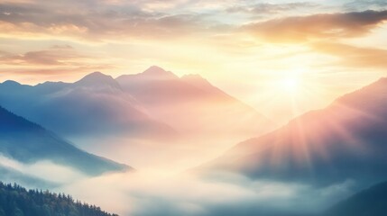 Obraz premium A tranquil mountain scene enveloped in soft morning mist, with warm light breaking through the clouds, symbolizing serenity and untouched nature