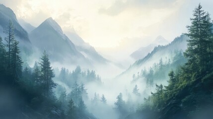 A tranquil mountain valley covered in morning mist, with soft light illuminating the fog, symbolizing the beauty and serenity of nature