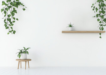 Obraz premium serene interior space featuring minimalist design with green plants, wooden shelf, and light colored floor. plants add refreshing touch to clean, white walls