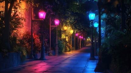 Colorful streetlights casting soft, radiant glows along a nighttime path, creating an enchanting and eye-catching view