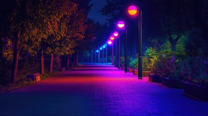 Colorful streetlights casting vibrant hues along a city path at night, creating a visually stunning and dynamic atmosphere