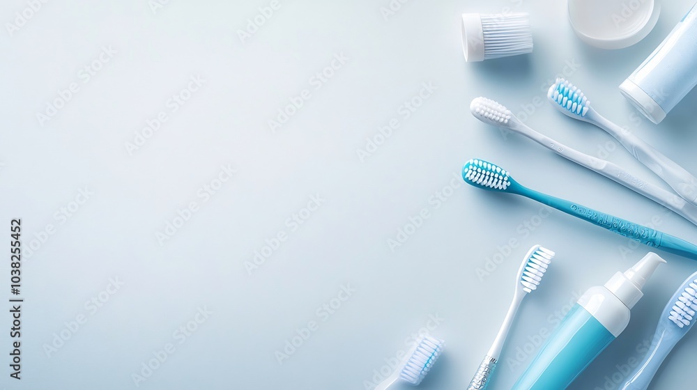 Poster dental hygiene set with toothbrush toothpaste and dental floss neatly arranged on a bright minimalis