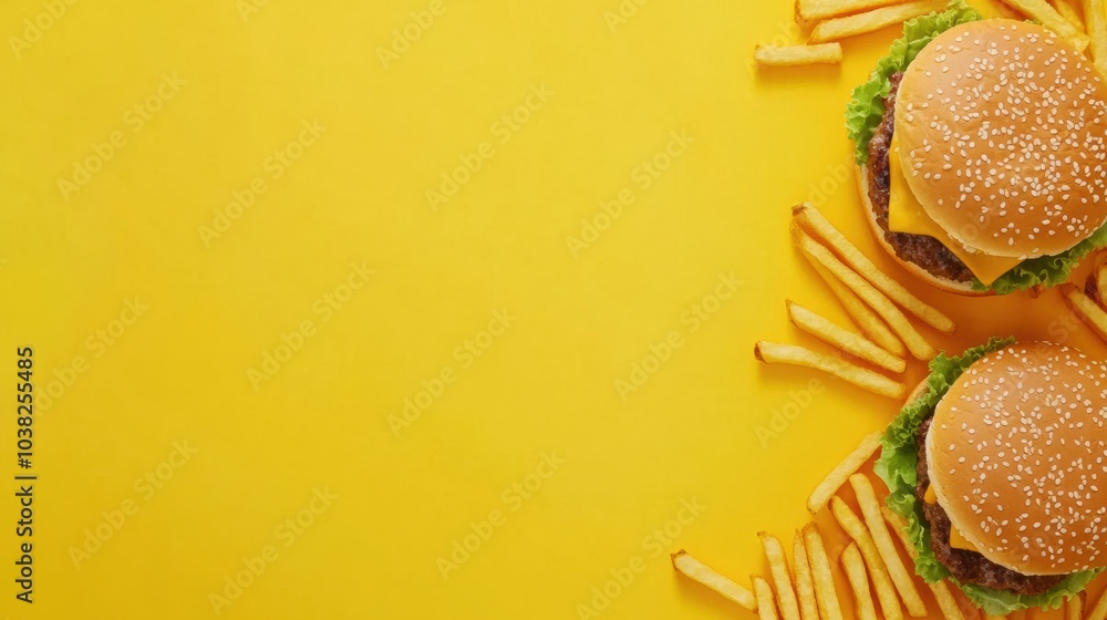 Poster brightly colored burgers and crunchy fries create an inviting space for enticing food-related text a