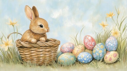 Little Bunny In Basket With Decorated Eggs - Easter Card