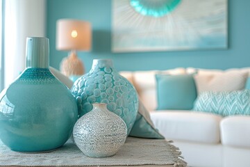 Modern coastal living room decor with turquoise accents for home interior design