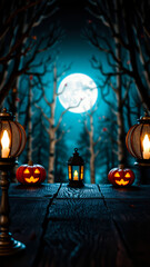 jack-o'-lanterns lanterns on a rustic table under the full moon