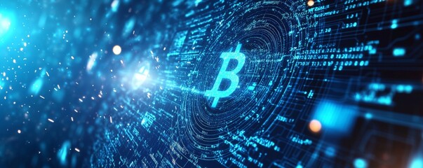Obraz premium A digital representation of the Bitcoin symbol on a blue circuit board with glowing particles.