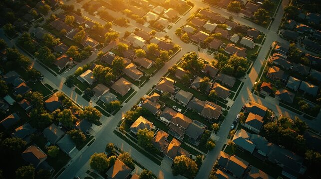 Straight aerial view suburban houses with parallel residential streets and backalley suburbs Dallas Fort Worth metro complex medium density subdivision large lots size warm light aeria
