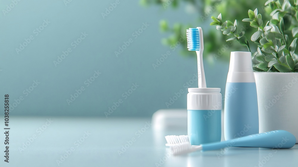 Poster dental hygiene set with toothbrush toothpaste and dental floss neatly arranged on a bright minimalis