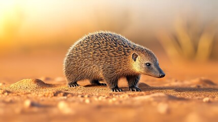 Mongoose exploring the sandy desert landscape during sunset.