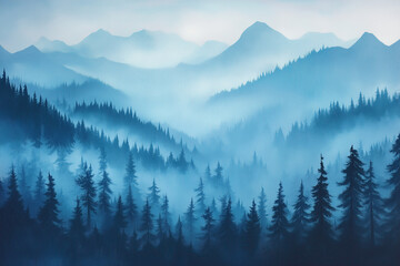 Obraz premium landscape of austria in blue morning mist over foggy forest and mountain background, romantic, photorealistic